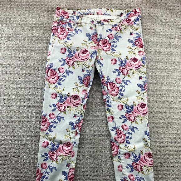 Blue Notes Floral Jeans Women 34 White Denim Pants Low Rise Super Skinny 34X30 - Picture 1 of 16